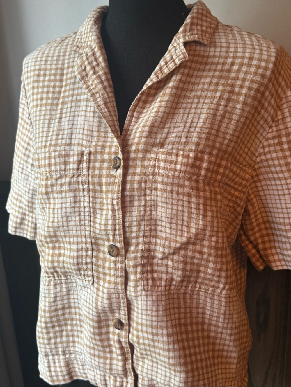 Everlane Linen Short-Sleeve Checked Button-Up Top - Tan White small - Picture 2 of 8